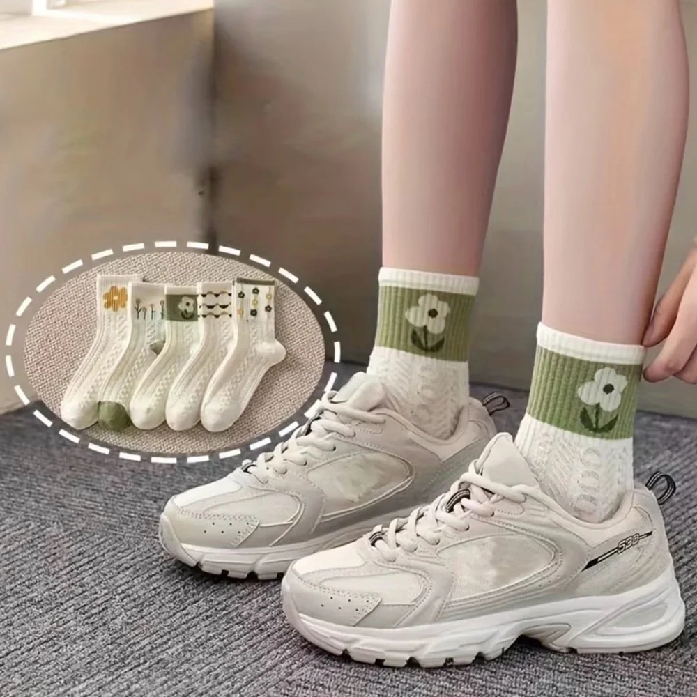 New 5pair Mid Tube socks Embroidered Green Clover floral ribbed cuffs cable knit